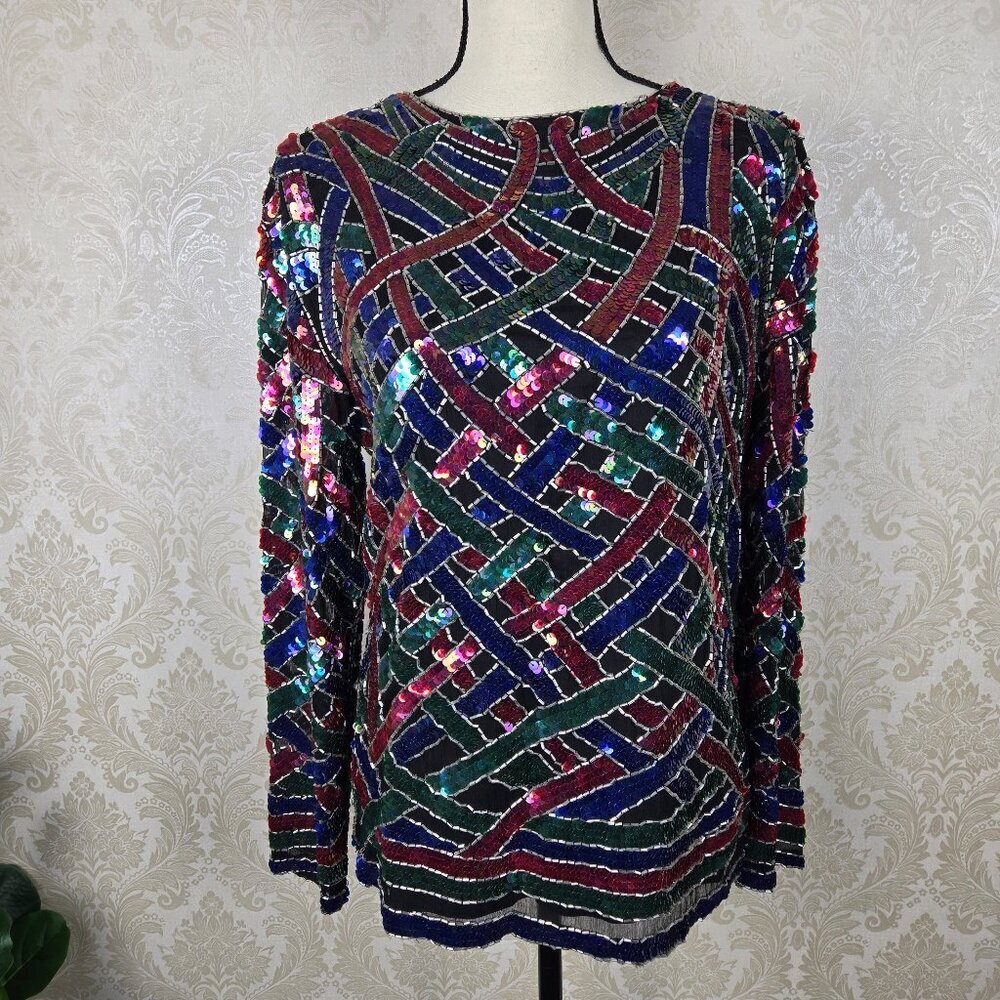 Lord & Taylor 80's Silk Beaded Evening Blouse Blue Green Fuchsia Black Sz Large